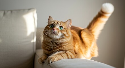 Curious orange tabby cat with green eyes relaxing on a sofa.