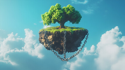 A floating island held by giant chains.