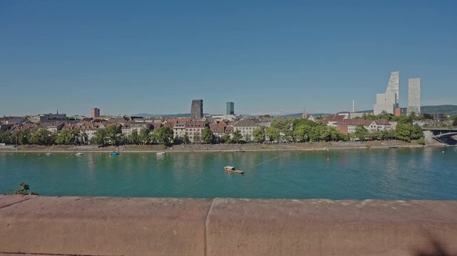 Video of the Rhine River and Basel skyline with the modern Roche Towers in the background, filmed on July 25, 2025. 