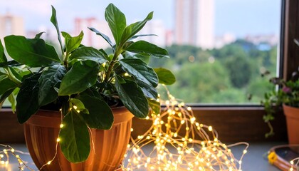 Urban Oasis: Houseplant Radiance Illuminating City Serenity with Fairy Lights