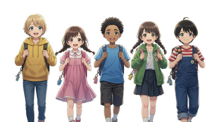 Fototapeta premium Diverse group of children with backpacks ready for school adventures