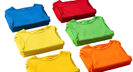 Colorful sports bibs stacked in piles, isolated on transparent background, perfect for team sports, training sessions, and competitive events with vibrant colors and clear visibility