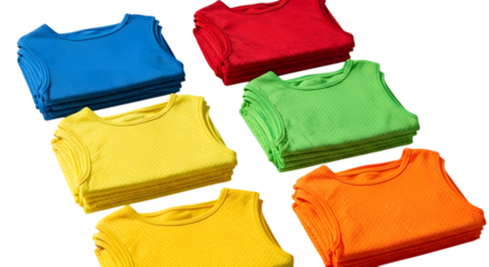 Colorful sports bibs stacked in piles, isolated on transparent background, perfect for team sports, training sessions, and competitive events with vibrant colors and clear visibility