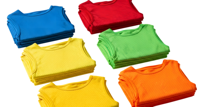 Colorful sports bibs stacked in piles, isolated on transparent background, perfect for team sports, training sessions, and competitive events with vibrant colors and clear visibility