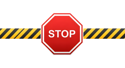 Stop sign with caution tape isolated on transparent background, a warning symbol for danger and restricted access, with red octagon and yellow and black stripes