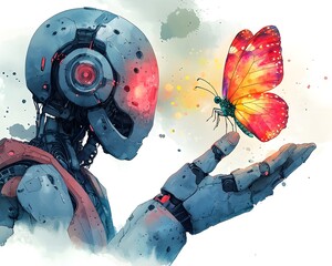 Robotic Interaction with Nature: A sleek robot gently interacts with a vibrant butterfly, highlighting the harmony between technology and the natural world, creating a sense of wonder and exploration.