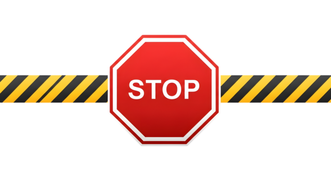 Stop sign with caution tape isolated on transparent background, a warning symbol for danger and restricted access, with red octagon and yellow and black stripes