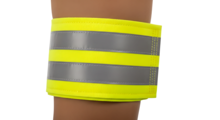 Closeup of a reflective armband designed to enhance visibility and safety during lowlight conditions, worn on the arm isolated on transparent background