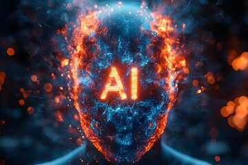 AI: Human-like head with glowing, fiery particles forming its features and the AI letters as its essence. A representation of the intersection of Artificial Intelligence and humanity.
