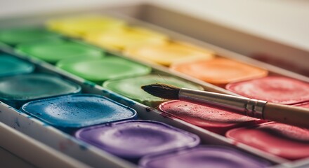 Obraz premium Colorful Watercolor Paint Palette and Brush.