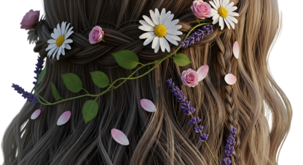 Floral hair crown isolated on transparent background with daisies, roses, and lavender, a romantic and stylish accessory for weddings and spring fashion