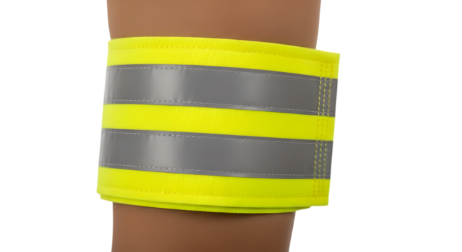 Closeup of a reflective armband designed to enhance visibility and safety during lowlight conditions, worn on the arm isolated on transparent background