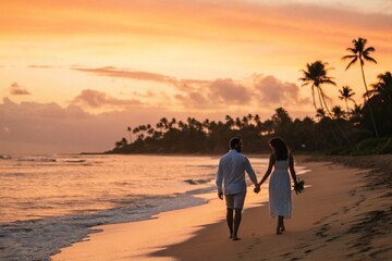Fototapeta premium Romantic newlywed couple walking hand in hand on a tropical beach during a golden sunset