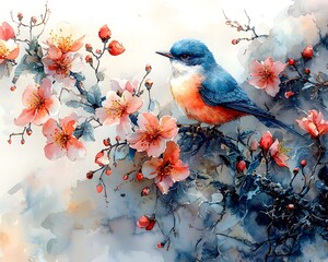 Blossom Bird Amidst Sakura: A charming, vibrant watercolor painting showcases a small, colorful bird perched delicately amidst the delicate blossoms of a blossoming sakura tree.