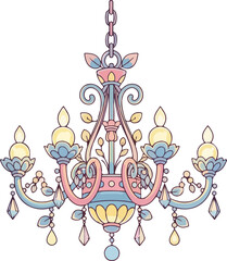 Pastel Chandelier Illustration with Crystals and Floral Accents on White.
