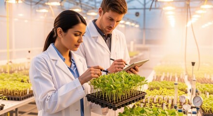 Medium shot of scientists examining weatherresilient seedlings in a greenhouse emphasizing research efforts on climateadaptive crop varieties.