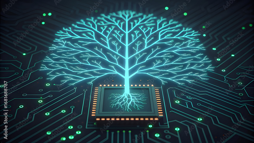 Wall mural glowing neural network tree growing from a computer chip