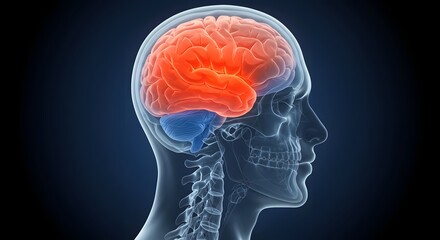 Obraz premium Human brain anatomy with highlighted cerebral regions. Neurology medical illustration showing nervous system. Healthcare diagnosis and cognitive science concept.