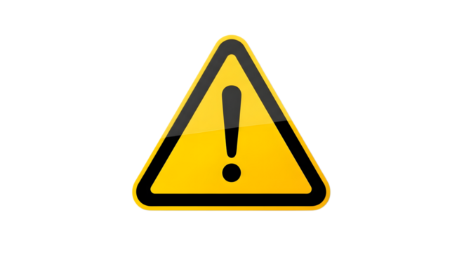 Yellow triangle with exclamation mark isolated on transparent background to indicate attention, caution, danger, warning, hazard, safety, risk, problem, or urgent issue
