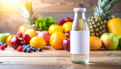 Transparent bottle of fresh fruit juice with blank white label on wooden table - For advertising projects