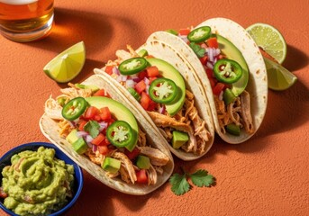 Three chicken tacos with avocado tomato onion jalapeño and lime wedges image