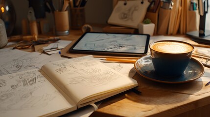 A cozy creative workspace with coffee and sketches.