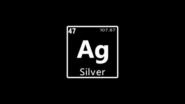 47 Number Silver (Ag) symbol chemical element of the periodic table with ball moving animation on black background.