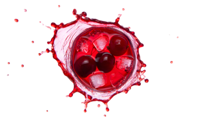 Dynamic red liquid splash with cherries frozen in time isolated on transparent background