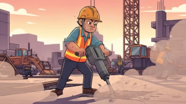Dedicated Construction Worker Operates Jackhammer on Busy Building Site at Sunset, with Heavy Machinery and Cranes in Background