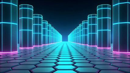 Futuristic neon cityscape with hexagonal pavement and towering pillars