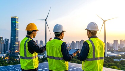 Engineers inspecting renewable energy sources on a city rooftop.