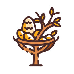Illustration of a bird nest with eggs on a tree branch, representing spring, nature, and new beginnings