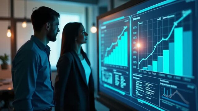 Ambitious business partners aligning strategy in front of a chroma key screen in modern workspace, ready to overlay success indicators, digital forecasts and project goals. Camera B.