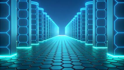 Futuristic neon blue server room with hexagonal flooring