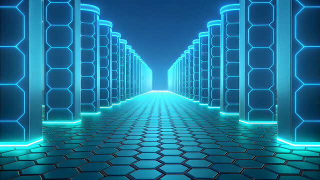 Futuristic neon blue server room with hexagonal flooring