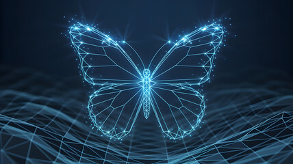 Glowing blue digital butterfly emerges from abstract data waves