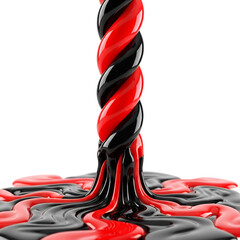 Vibrant red and black twisted liquid stream, ideal for Halloween candy packaging, edgy branding, abstract art, or fluid dynamics concepts, isolated on white & transparent background.