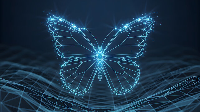 Glowing blue digital butterfly emerges from abstract data waves