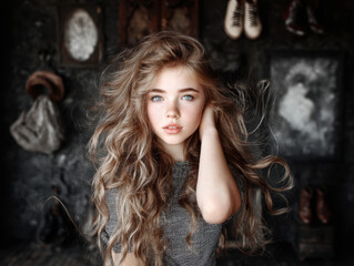 Fototapeta premium A beautiful girl with long, loose hair shops for stylish shoes in a trendy boutique, showcasing her fashion sense and unique style
