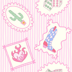 Cowgirl seamless pattern. Cowboy western theme, cactus, cowboy boots, flame heart in girly pink frame. Hand-drawn cartoon print on stripy pink background. Vector wallpaper, t-shirt and wrapping.