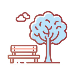 Vector art of park scene with tree and bench, , a peaceful and scenic illustration of nature and relaxation in an outdoor setting