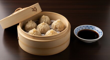 Steamed dumplings in a bamboo steamer. Wooden steamer with six dumplings, lid slightly open. Small bowl of dark sauce beside.  Dark wooden table