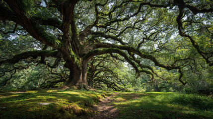 Fototapeta premium Majestic oak tree with sprawling branches in a lush forest during daytime