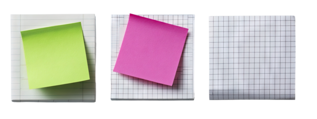 Three square sticky notes on gridded surfaces