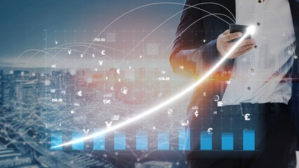 A businessman in a suit uses a smartphone against a backdrop of a city skyline, with a financial graph overlay illustrating growth, technology, and modern business trends. Copula