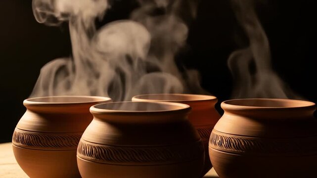 Dynamic Steam Billowing from Ornate Terracotta Pots, Evoking Warmth and Traditional Craft