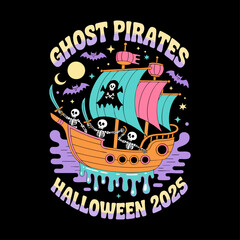Psychedelic Ghost Pirate Ship Halloween T-Shirt Design