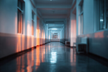 Fototapeta premium Eerie Symmetrical Hallway with Warm Sunset Glow Contrasting Cool Blue Tones