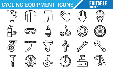 Cycling Equipment Icons Set: Bicycle, Helmet, Gloves, Pump, Water Bottle, Gear, Repair Tools, Cycling Kit, Safety Accessories