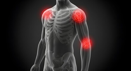 Multiple joint pain in shoulders and elbows. Arthritis and chronic inflammation concept. 3D xray illustration of a human skeleton with painful joints.